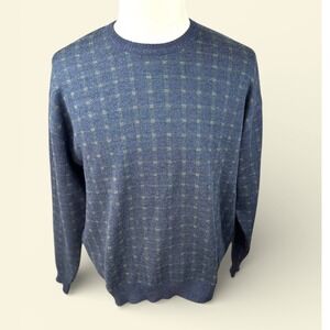 Brooks Brothers Mens Merino Wool Crewneck Sweater Blue Check Made in Italy LGE